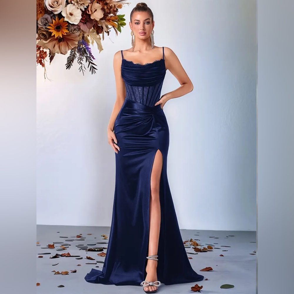 Gorgeous Navy Blue Gown w/ Corset Top, High Slit